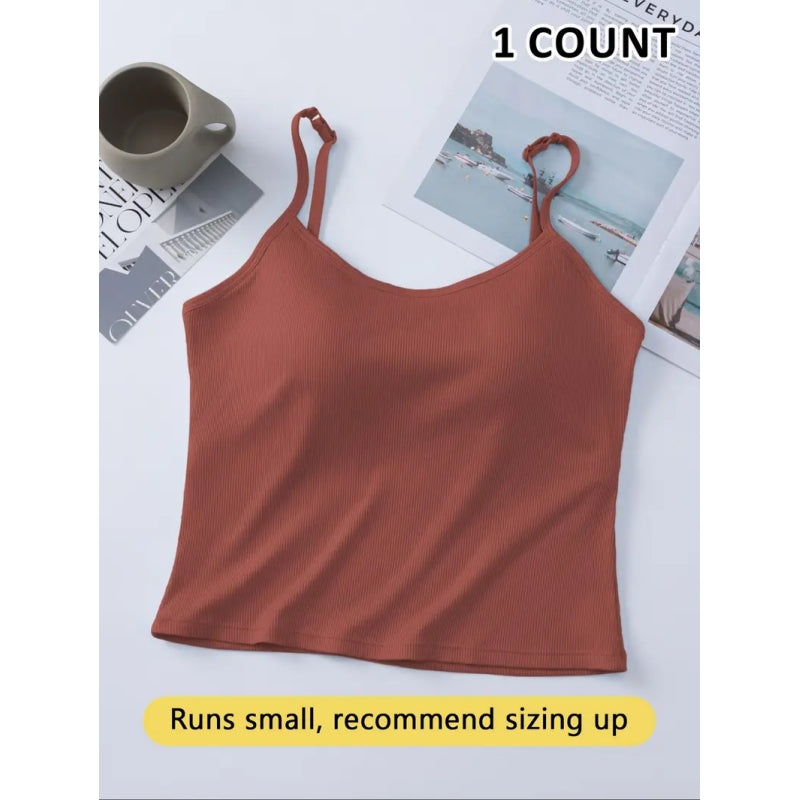 Women's Basic Solid Ribbed Cami Spaghetti Strap Tank Top, Fitted Casual Sleeveless Crop Top for Daily Wear, Ladies Underwear for Summer, Camisole Top