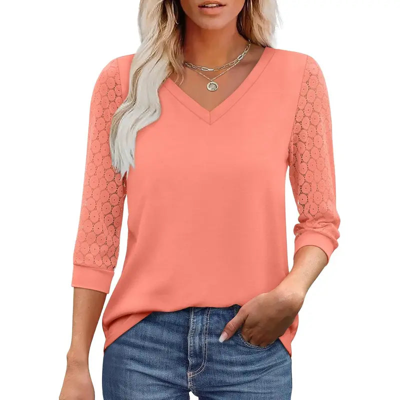 Women's V-Neck Lace 3/4 Sleeve Tunic Blouse | Elegant Business Casual Top