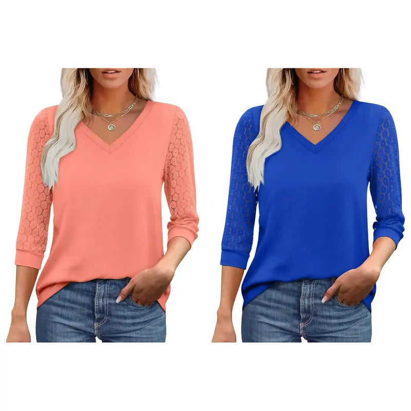 Women's V-Neck Lace 3/4 Sleeve Tunic Blouse | Elegant Business Casual Top
