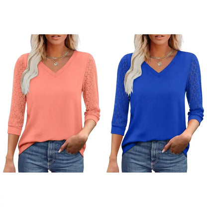 Women's V-Neck Lace 3/4 Sleeve Tunic Blouse | Elegant Business Casual Top