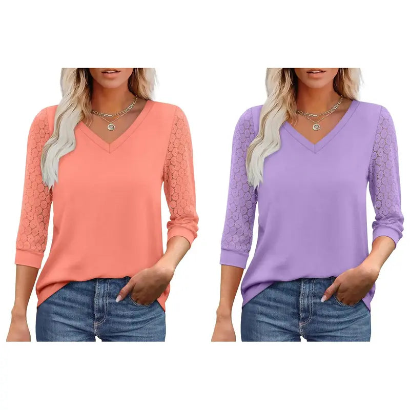 Women's V-Neck Lace 3/4 Sleeve Tunic Blouse | Elegant Business Casual Top