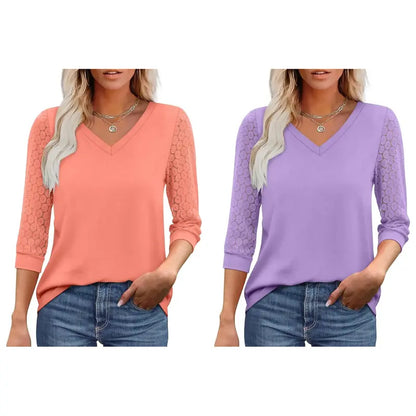 Women's V-Neck Lace 3/4 Sleeve Tunic Blouse | Elegant Business Casual Top