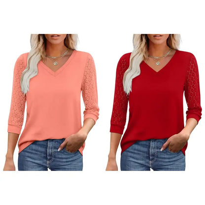 Women's V-Neck Lace 3/4 Sleeve Tunic Blouse | Elegant Business Casual Top
