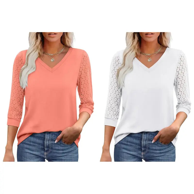 Women's V-Neck Lace 3/4 Sleeve Tunic Blouse | Elegant Business Casual Top