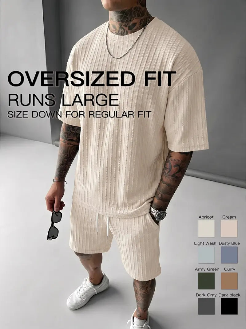 Men’s Loose Fit 2-Piece Summer Set, Oversized Textured Tee with Relaxed Fit Drawstring Shorts