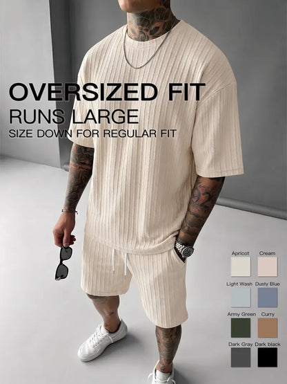 Men’s Loose Fit 2-Piece Summer Set, Oversized Textured Tee with Relaxed Fit Drawstring Shorts