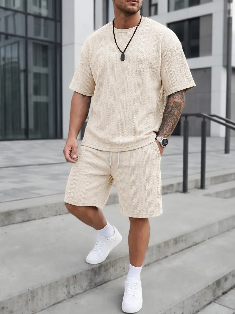 Men’s Loose Fit 2-Piece Summer Set, Oversized Textured Tee with Relaxed Fit Drawstring Shorts