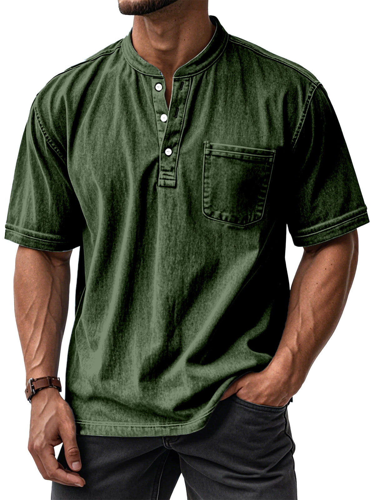Men's Casual Vintage Loose-Fit Short-Sleeve Henley Shirt with Pocket