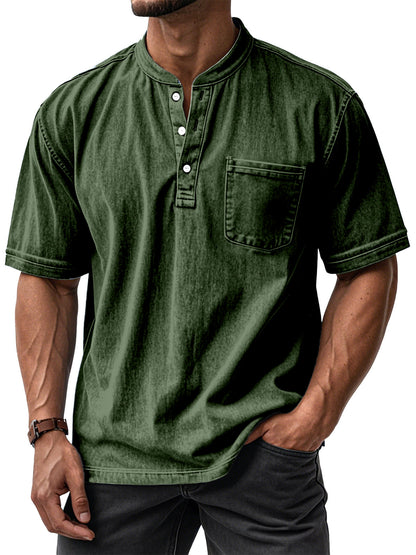 Men's Casual Vintage Loose-Fit Short-Sleeve Henley Shirt with Pocket