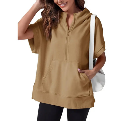 Women's Oversized Half Zip Hoodie Short Sleeve Sweatshirt with Pocket - Relaxed Fit Casual Pullover Top