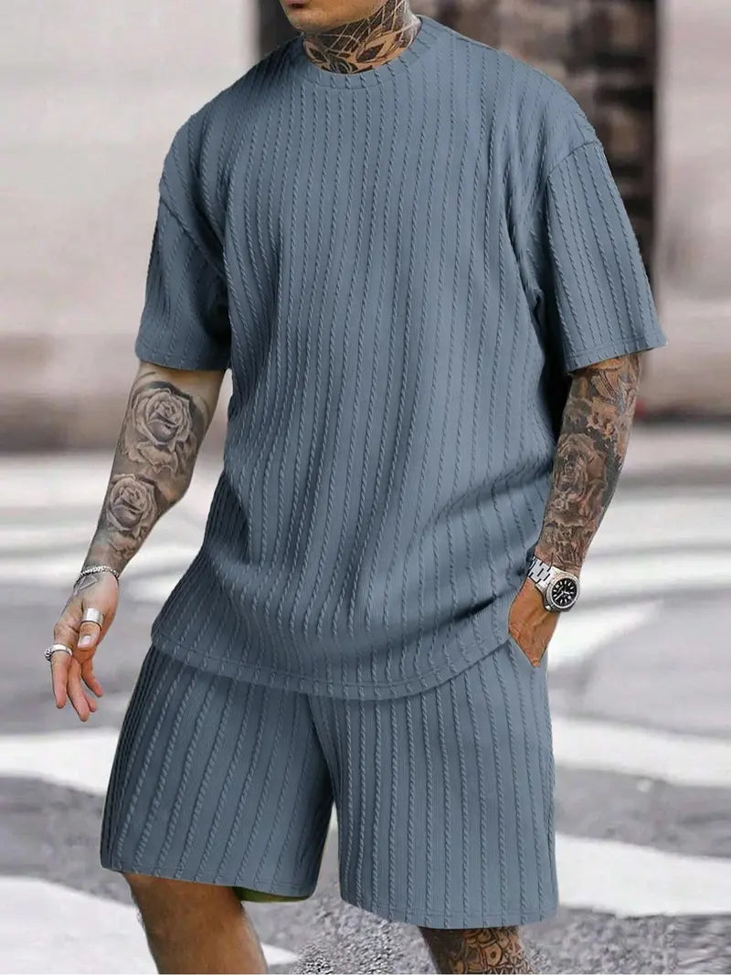 Men’s Loose Fit 2-Piece Summer Set, Oversized Textured Tee with Relaxed Fit Drawstring Shorts