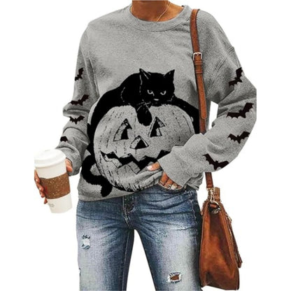 Black Cat on Pumpkin Sweatshirt Halloween Sweatshirts for Women Fall Pumpkin Face Tee Lightweight Pullover Tops