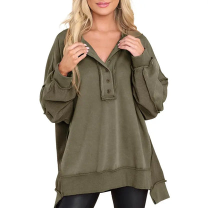 Women's Oversized Henley Sweatshirt Tunic – Long Sleeve V Neck Pullover Top, Cozy Casual Loose Fit Fall Sweater