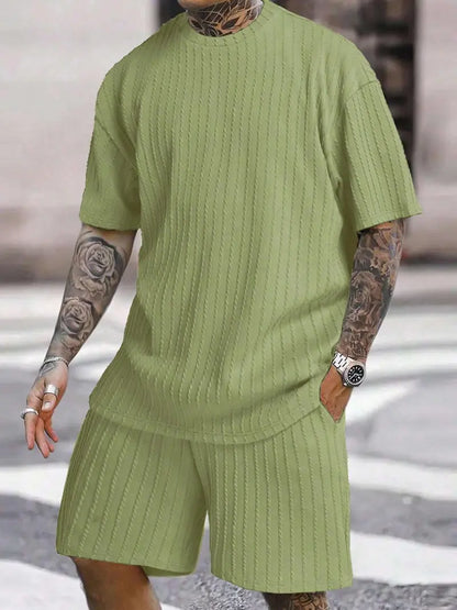Men’s Loose Fit 2-Piece Summer Set, Oversized Textured Tee with Relaxed Fit Drawstring Shorts
