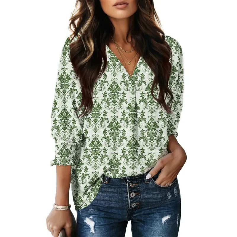 Women's V-Neck 3/4 Sleeve Oversized Tunic Tops Casual Summer Blouses Fitted Shirts 100% Polyester Comfortable Fabric