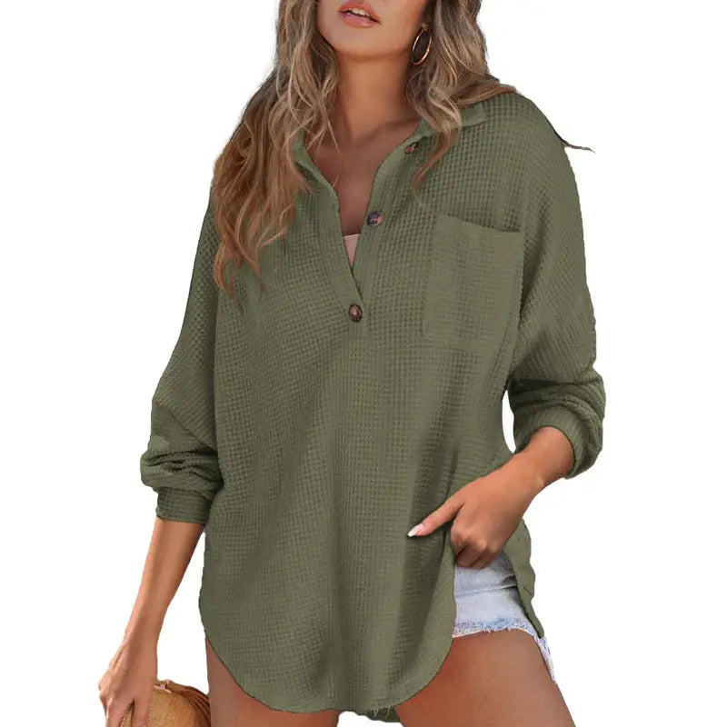 Women's Oversized Waffle Knit Henley Top - Casual V-Neck Mesh Knitwear Long Sleeve Tunic Blouse for Fall