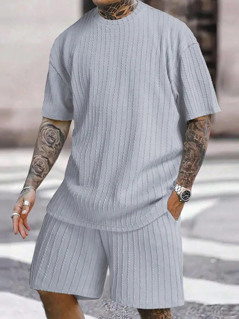 Men’s Loose Fit 2-Piece Summer Set, Oversized Textured Tee with Relaxed Fit Drawstring Shorts
