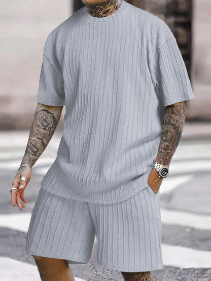 Men’s Loose Fit 2-Piece Summer Set, Oversized Textured Tee with Relaxed Fit Drawstring Shorts