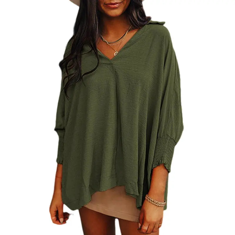 Women's V-Neck 3/4 Sleeve Oversized Tunic Tops Casual Summer Blouses Fitted Shirts 100% Polyester Comfortable Fabric