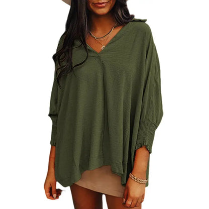 Women's V-Neck 3/4 Sleeve Oversized Tunic Tops Casual Summer Blouses Fitted Shirts 100% Polyester Comfortable Fabric