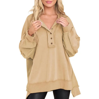 Women's Oversized Henley Sweatshirt Tunic – Long Sleeve V Neck Pullover Top, Cozy Casual Loose Fit Fall Sweater