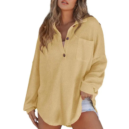 Women's Oversized Waffle Knit Henley Top - Casual V-Neck Mesh Knitwear Long Sleeve Tunic Blouse for Fall