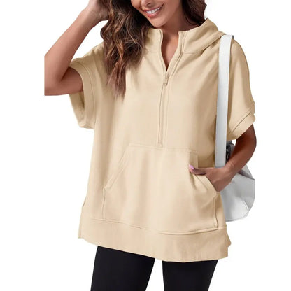 Women's Oversized Half Zip Hoodie Short Sleeve Sweatshirt with Pocket - Relaxed Fit Casual Pullover Top