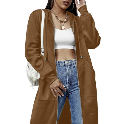 Women’s Long Zip Up Fleece Hoodie Jacket - Casual Oversized Hooded Sweatshirt with Front Pockets, Soft Warm Tunic Length Coat