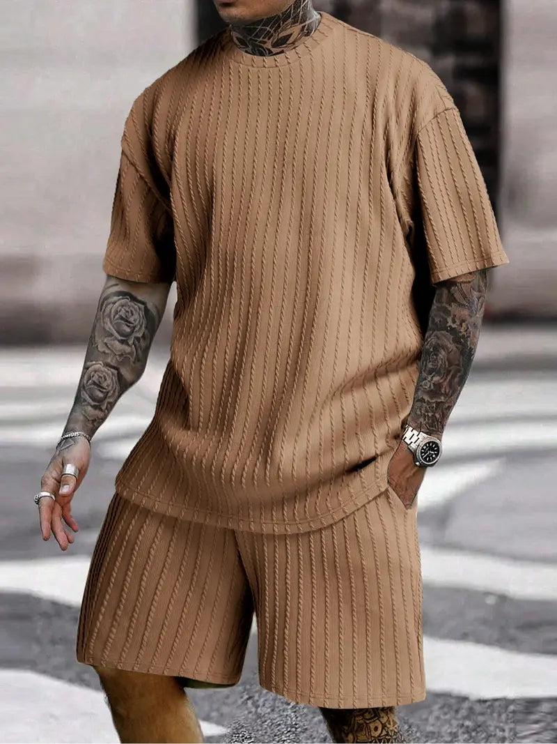 Men’s Loose Fit 2-Piece Summer Set, Oversized Textured Tee with Relaxed Fit Drawstring Shorts