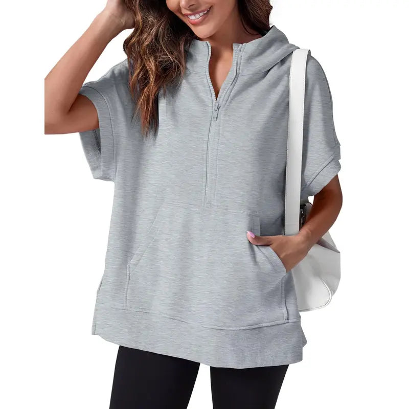 Women's Oversized Half Zip Hoodie Short Sleeve Sweatshirt with Pocket - Relaxed Fit Casual Pullover Top