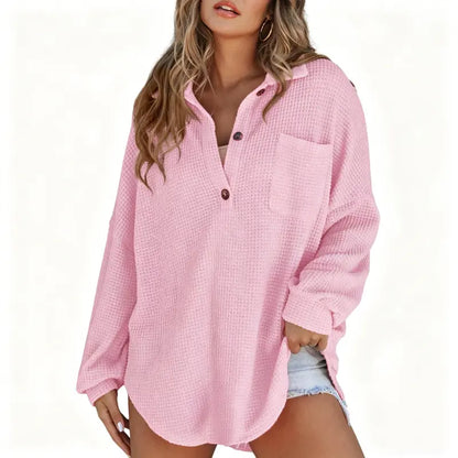 Women's Oversized Waffle Knit Henley Top - Casual V-Neck Mesh Knitwear Long Sleeve Tunic Blouse for Fall