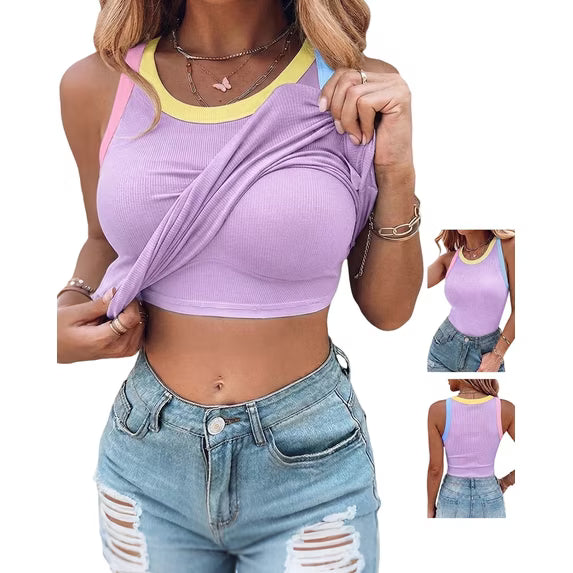 Womens Color Block Built in Bra Tank Tops Sleeveless Padded Casual Shirts Racerback Ribbed Tank Top