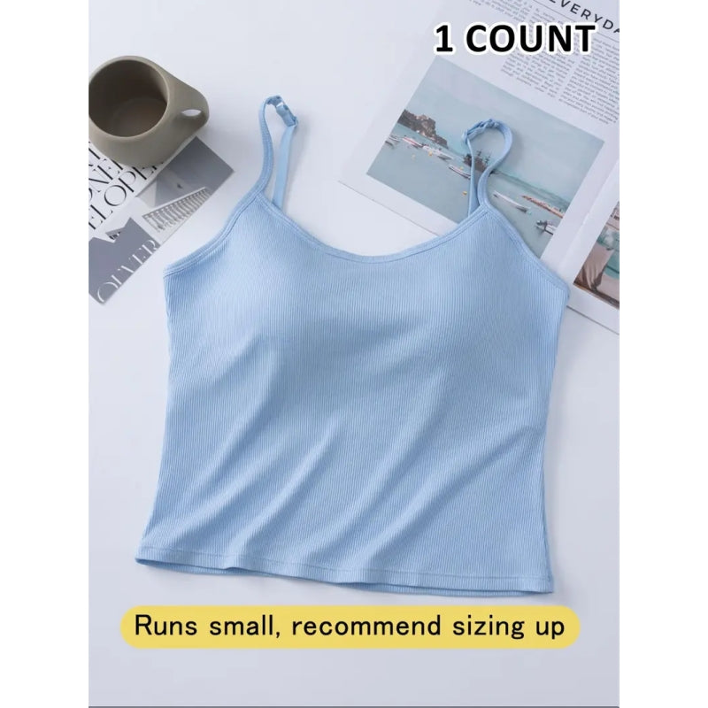 Women's Basic Solid Ribbed Cami Spaghetti Strap Tank Top, Fitted Casual Sleeveless Crop Top for Daily Wear, Ladies Underwear for Summer, Camisole Top