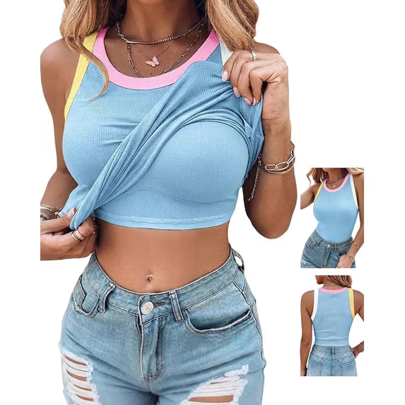 Womens Color Block Built in Bra Tank Tops Sleeveless Padded Casual Shirts Racerback Ribbed Tank Top