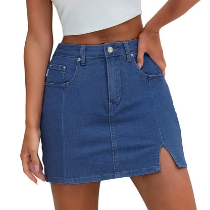 Women's High-Waisted Denim Skort | Built-in Shorts & Side Slit Skirt Womenswear Fitted Button skirts