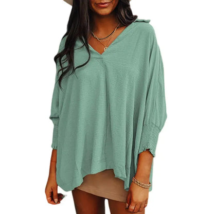 Women's V-Neck 3/4 Sleeve Oversized Tunic Tops Casual Summer Blouses Fitted Shirts 100% Polyester Comfortable Fabric