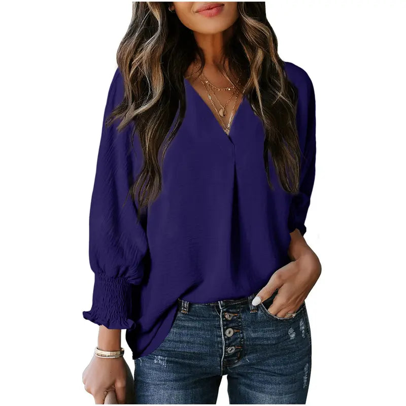 Women's V-Neck 3/4 Sleeve Oversized Tunic Tops Casual Summer Blouses Fitted Shirts 100% Polyester Comfortable Fabric