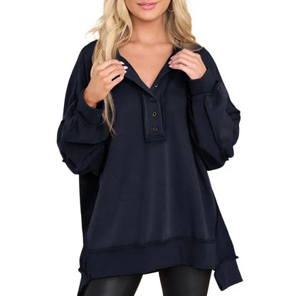 Women's Oversized Henley Sweatshirt Tunic – Long Sleeve V Neck Pullover Top, Cozy Casual Loose Fit Fall Sweater
