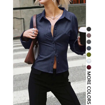 Women's V-Neck Button Front Blouse, Long Sleeve Slim-Fit Casual Shirt, Striped Pattern, Spring & Fall Fashion, Daily Wear