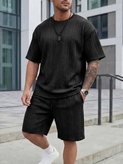 Men’s Loose Fit 2-Piece Summer Set, Oversized Textured Tee with Relaxed Fit Drawstring Shorts