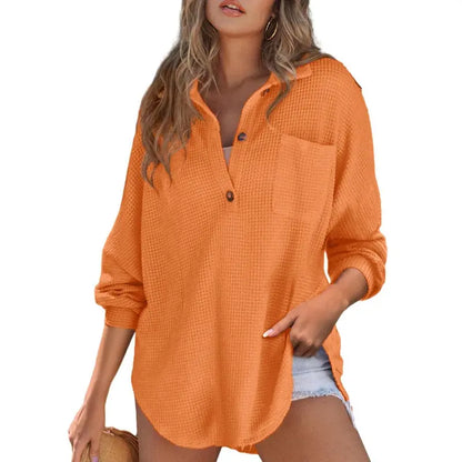 Women's Oversized Waffle Knit Henley Top - Casual V-Neck Mesh Knitwear Long Sleeve Tunic Blouse for Fall