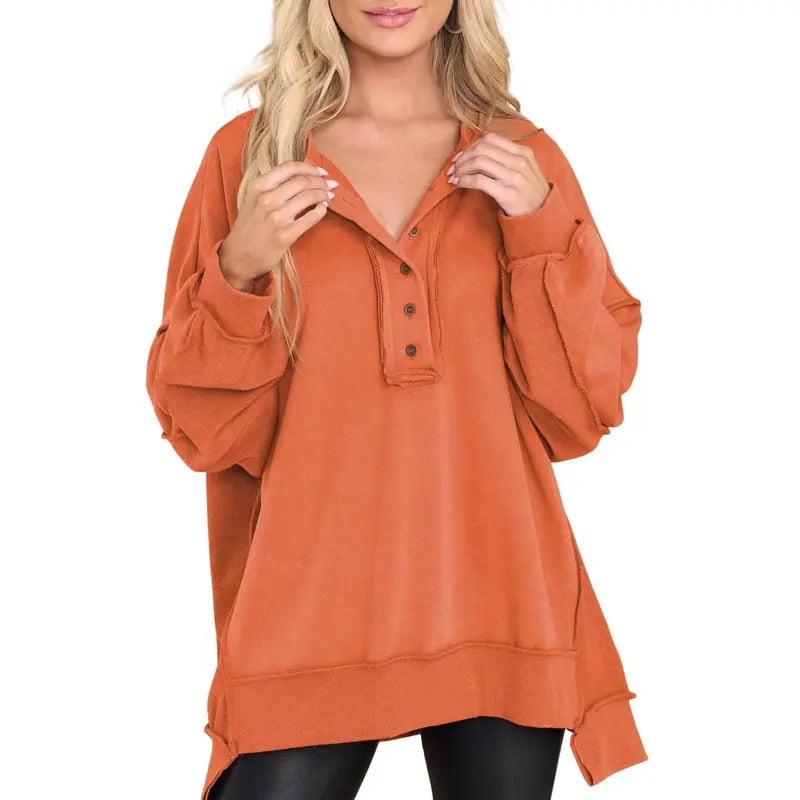 Women's Oversized Henley Sweatshirt Tunic – Long Sleeve V Neck Pullover Top, Cozy Casual Loose Fit Fall Sweater