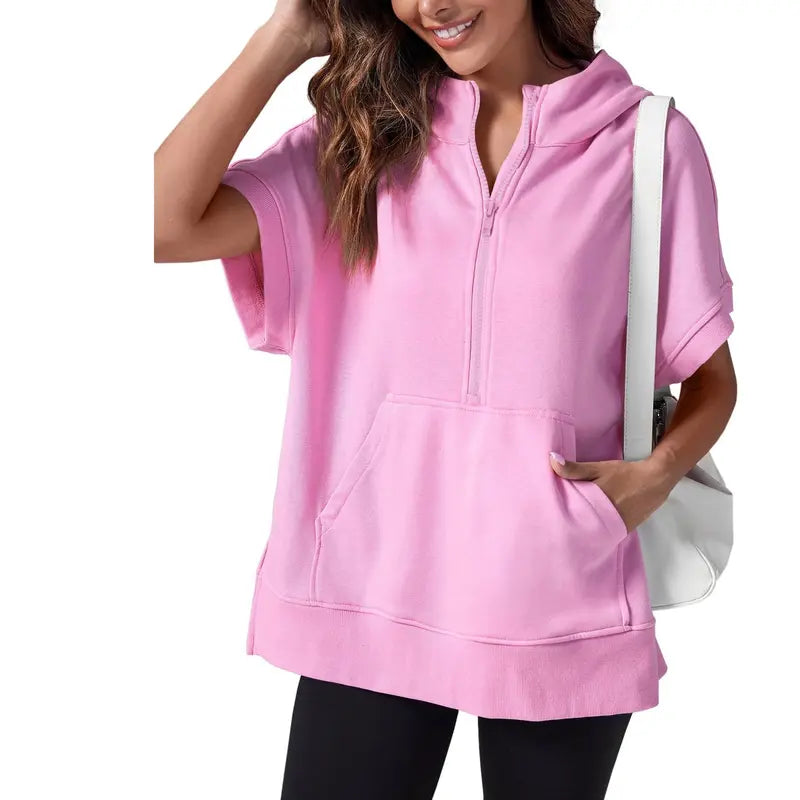 Women's Oversized Half Zip Hoodie Short Sleeve Sweatshirt with Pocket - Relaxed Fit Casual Pullover Top
