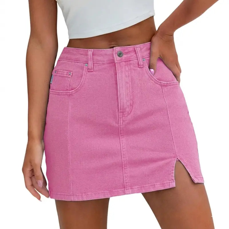 Women's High-Waisted Denim Skort | Built-in Shorts & Side Slit Skirt Womenswear Fitted Button skirts