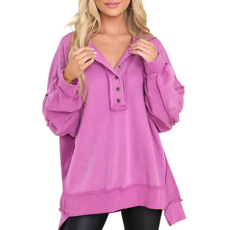 Women's Oversized Henley Sweatshirt Tunic – Long Sleeve V Neck Pullover Top, Cozy Casual Loose Fit Fall Sweater