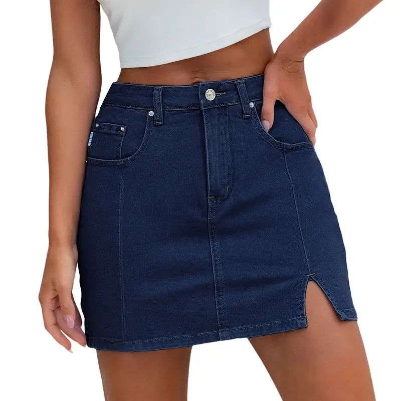 Women's High-Waisted Denim Skort | Built-in Shorts & Side Slit Skirt Womenswear Fitted Button skirts