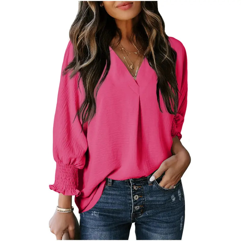Women's V-Neck 3/4 Sleeve Oversized Tunic Tops Casual Summer Blouses Fitted Shirts 100% Polyester Comfortable Fabric