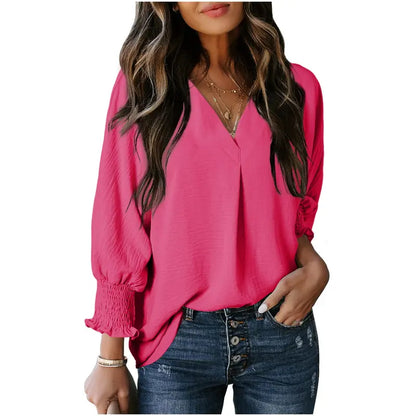 Women's V-Neck 3/4 Sleeve Oversized Tunic Tops Casual Summer Blouses Fitted Shirts 100% Polyester Comfortable Fabric