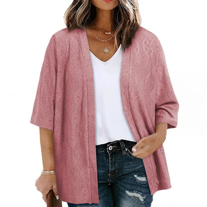Plus Size Knitted Jacquard Cardigan for Women, Half Sleeve Summer Kimono Cover Up, Elegant Open Front Tops