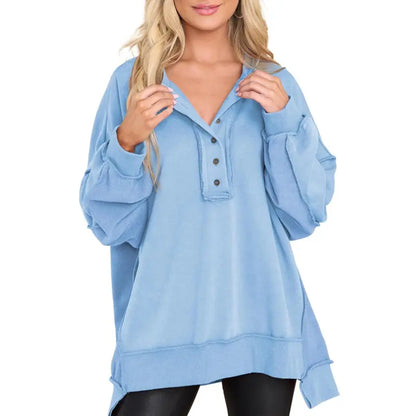 Women's Oversized Henley Sweatshirt Tunic – Long Sleeve V Neck Pullover Top, Cozy Casual Loose Fit Fall Sweater
